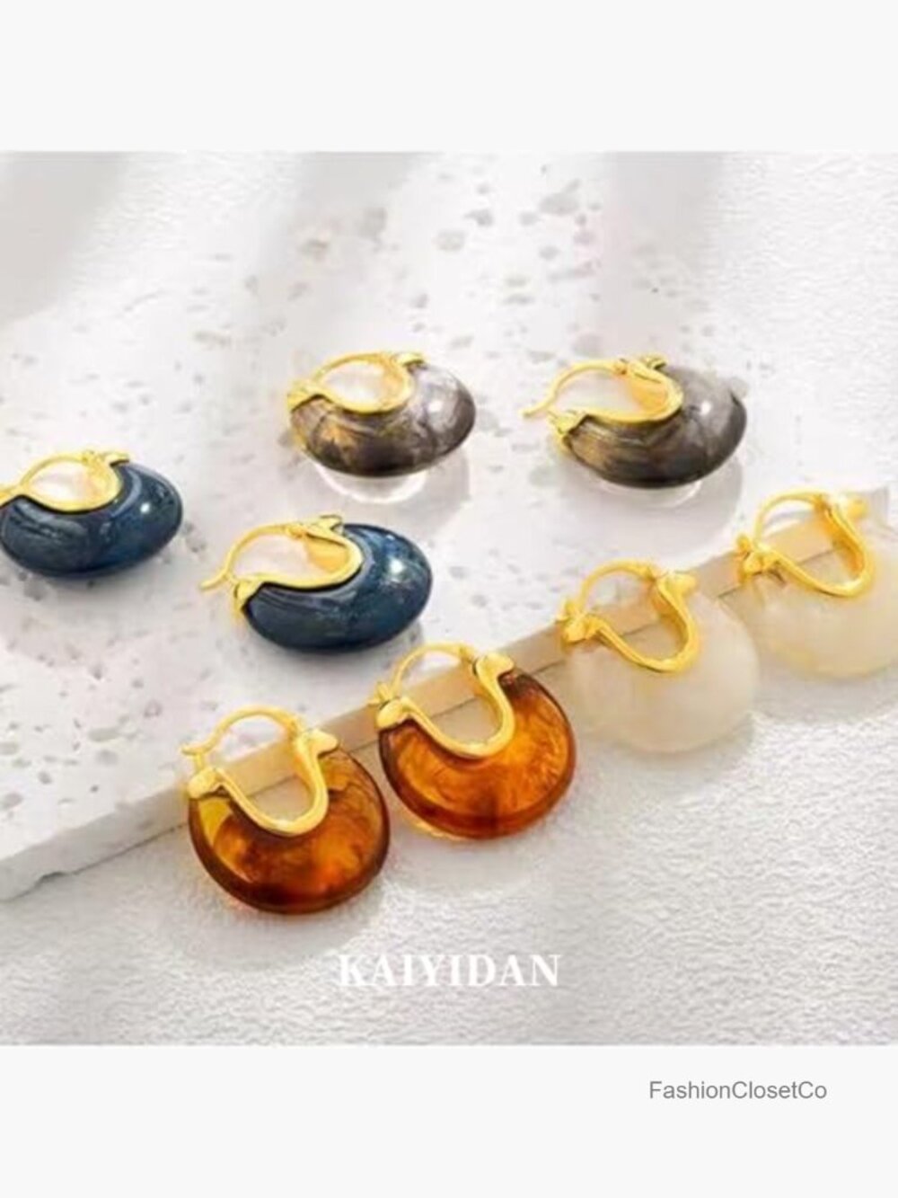 14K Gold Plated Amber Resin Chunky Hoop Earrings Dangle Huggie - Picture 6 of 7